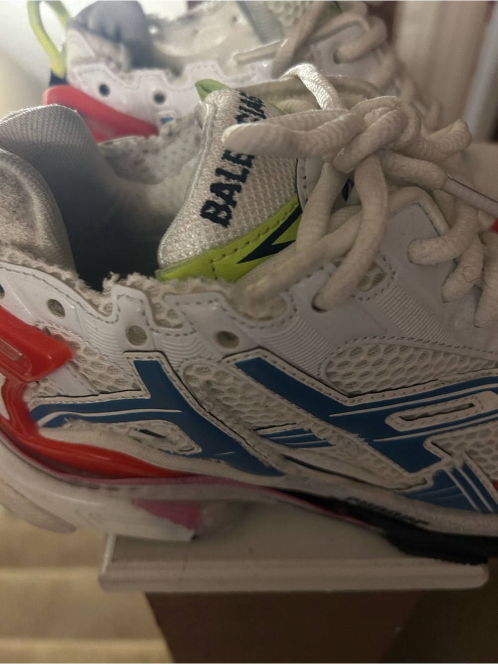 Balenciaga White Kids Sneakers with Blue, Neon Green & Red Accents